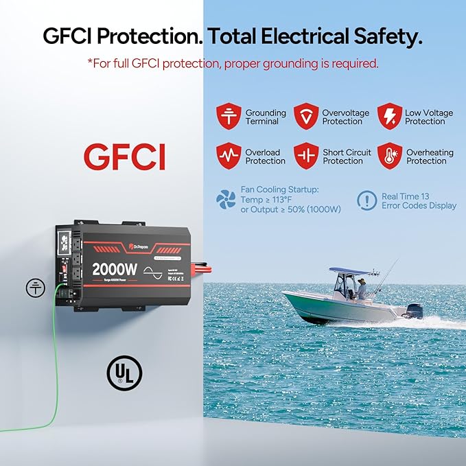 DR.PREPARE 2000W Pure Sine Wave Inverter 12V DC to 110V AC Converter w/ 4000W Peak GFCI Protection 3X AC Sockets Hardwire Port Remote Solar Power Inverters for Vehicles RVs Home Off Grid