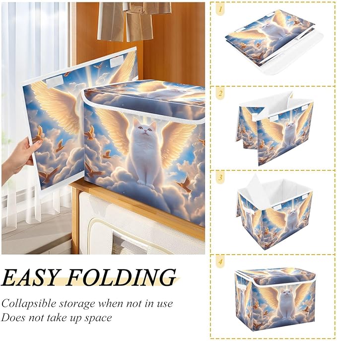 White Cat Wings Clouds Birds Storage Bins with Lids Foldable Storage Boxes Cube Closet Storage Baskets Container Organizers for Home Bedroom Office