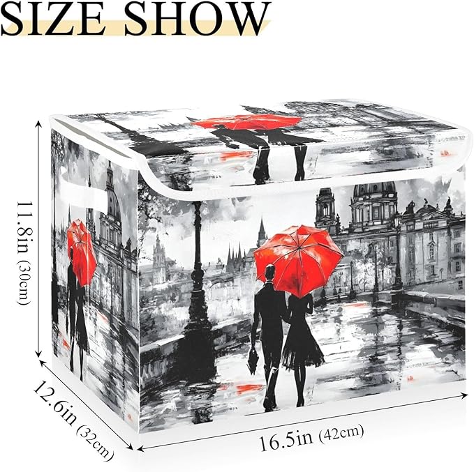 Romantic Woman Art Large Linen Storage Bins with Lid &amp Handle Foldable Storage Cubes Organizer Box Basket with Flip-Top Lid for Home Office 16.5” x 12.6” x 11.8”