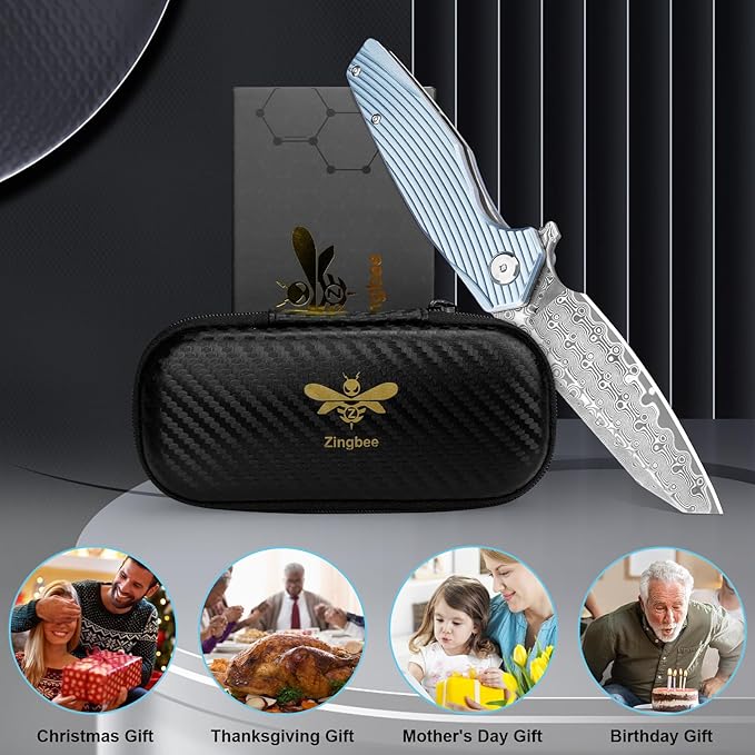 Zingbee Damascus Pocket Knife 3.46 Damascus Steel Blade EDC Pocket Knives &amp Folding Knives for Men Women Blue Non-Slip Handle