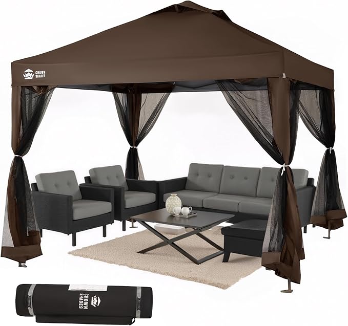 CROWN SHADES Gazebo 10x10 Pop Up Canopy with Mosquito Netting Screen Tent with 4 Ropes 8 Stakes 4 Sandbags and Wheeled Storage Bag Canopy for Patio &amp Backyard PartiesCamping&ampEvents -(Coff