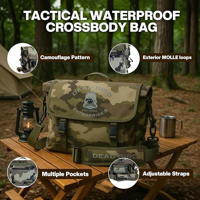 Waterproof Tactical Sling Bag with Camouflage Pattern Crossbody Dry Bag Roll-Top Design Adjustable Strap for Travel &amp Outdoor Use (Military)