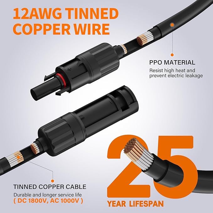 HiFind 12AWG Solar Extension Cable 75 Ft Solar Pannel Cable Tinned Copper Wire with Extra Female and Male Waterproof Connector Pair Ties for Home RV Photovoltaic Systems (75FT Red+75FT Black)