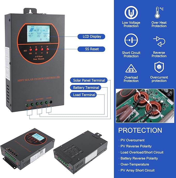 60A MPPT Solar Charge Controller 12V/24V/36V/48V Auto Max 160V PV Input 3000W Max Power Regulator w/ LCD Display Works with AGM Gel Flooded Lithium Batteries