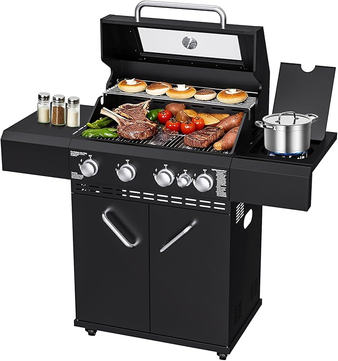4 Burners Propane Gas Grill with Side BurnerStainless Steel Grill Outdoor Patio Garden Barbecue Grill with Clearview Oil Tray Built-in Thermometer for Barbecue Camping Patio Backyard