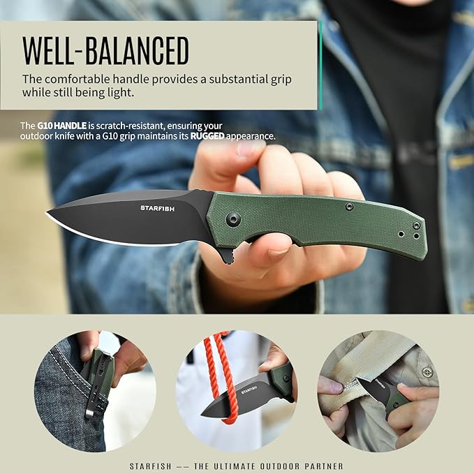 STARFISH Folding Knife 2.9 DC53 Steel PVD Titanium Coating Blade Pocket Knife with G10 Handle and Clip Lightweight Sharp Camping Hiking Daily Work Knives(green)