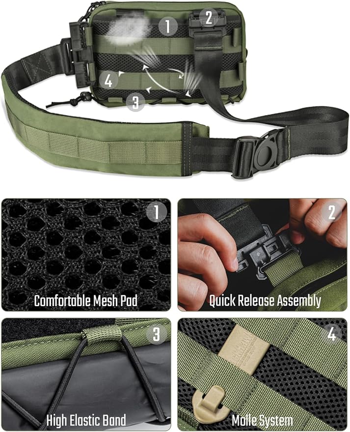 TACTICAL_GEEK Crossbody Shoulder Bag Nylon Multipurpose Daypack Chest Backpack Casual Shoulder for Daily Carry (Black Green-L3S-CR-Small)