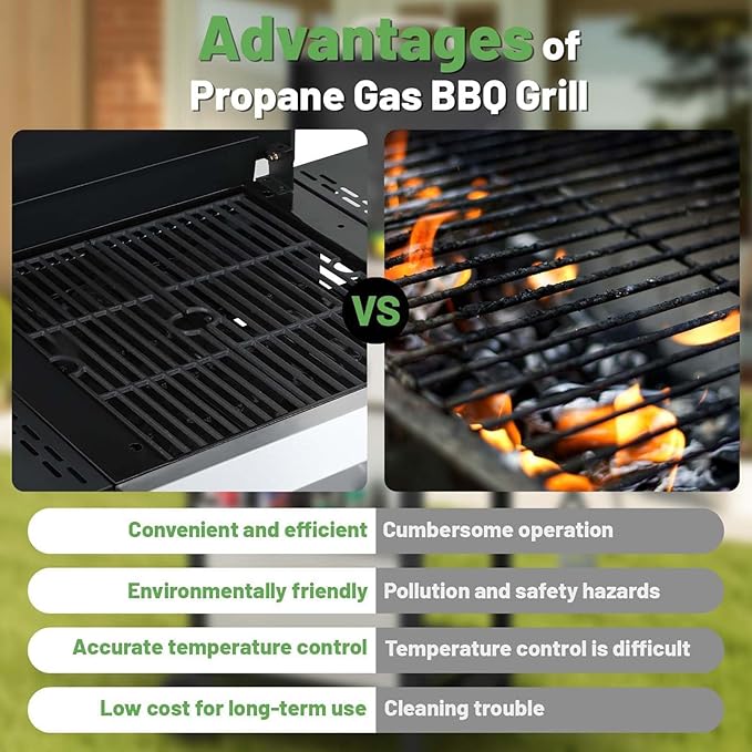 4-Burner Propane Gas Grill with 2 Foldable Side Tables 34200 BTU Outdoor BBQ Grill with Porcelain-Enameled Flame Tamers Built-in Thermometer Easy Assembly for Patio Backyard BBQ