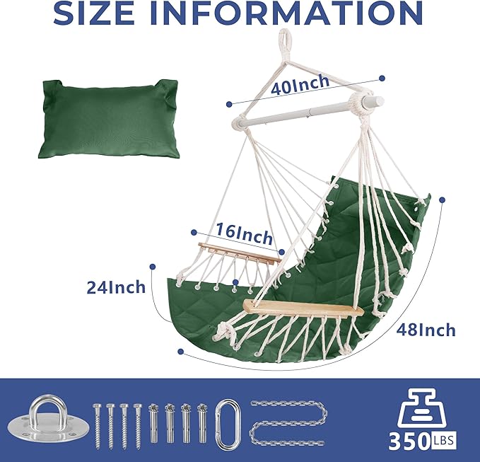 Hammock Chair Hanging Swing with Wooden ArmrestSteel Spreader BarPillowsHardware kit IncludedCotton WovenUp to 350 Lbsfor Indoor Outdoor Green