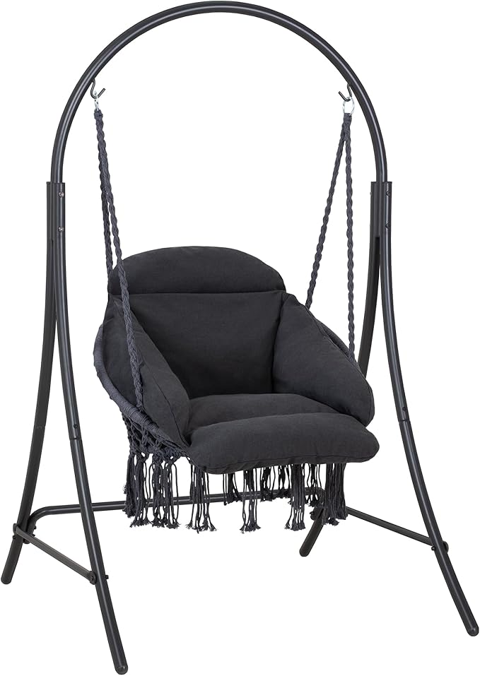 ANOW Hanging Swing Chair with Stand Included Heavy Duty Hammock Chair with Stand and Removable Padded Cushion Max 400 Lbs Dark Grey