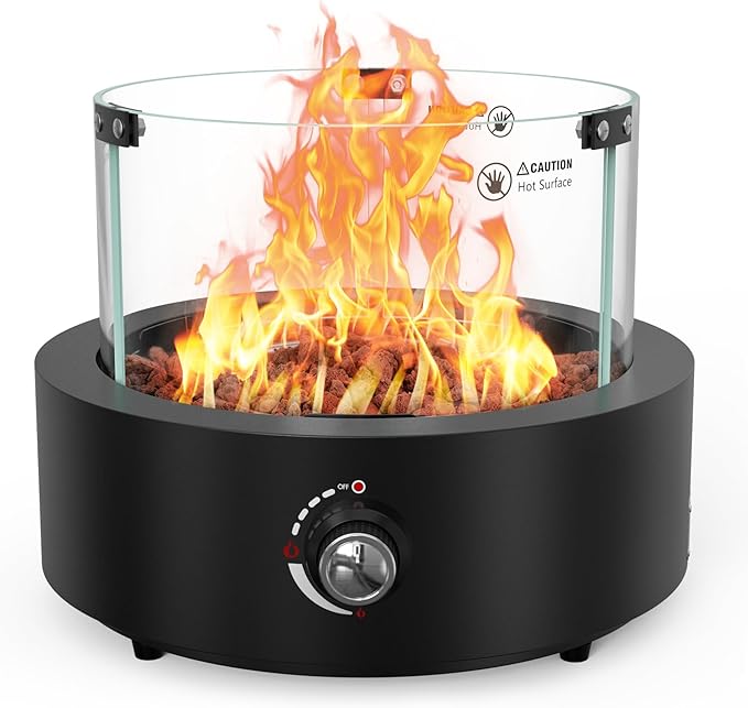 ONLYFIRE OUTDOOR LIVING 15.7 Portable Propane Gas Fire Pit Side-Mounted Modern Tabletop Fireplace Smokeless Firepit with Glass Wind Guard for Patio Camping RV Tailgating 23000BTU Round FP038