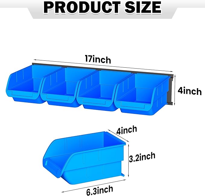 Ultrawall Wall Mounted Storage Bins Plastic Hanging Storage Organizer Bins Garage Tool Storage System for Screws Nuts Bolts Nails and Small Hardware Parts 16x bins &amp 4 x rails Blue