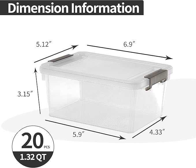 Citylife 1.3 QT 20 Packs Small Storage Bins Plastic Storage Container Stackable Box with Lids for Organizing Clear White