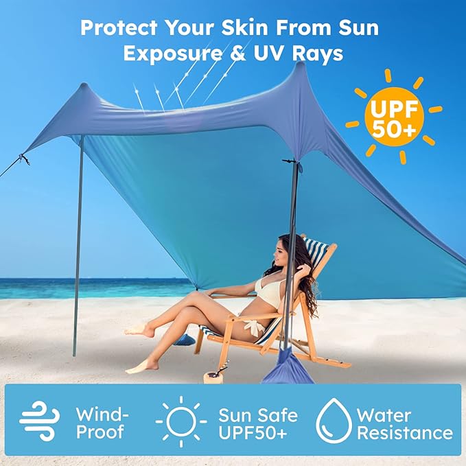 GREEN PARTY Beach Tent Canopy 7×7 FT Sun Shelter Outdoor Tent UPF50+ Protable Family Tent with 4 Sandbag Anchors 2 Pole Pop Up Outdoor Shelter for Beach Camping Fishing Backyard and Picnics