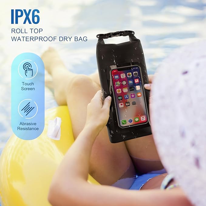 Waterproof Dry BagRoll Top Waterproof Backpack Phone Case Pouch for TravelKayakingRaftingCampingSurfingBoatingHikingBeach and Fishing (2 L Black+Black)