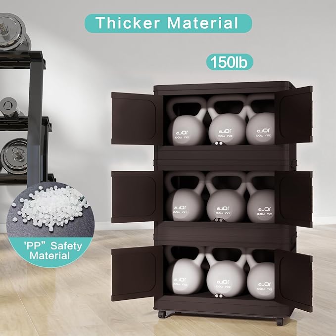 5 Tiers Stackable Storage Bin with Doors and Wheels Collapsible Storage Containers &amp Closet Organizer Bins for Clothes Magnetic Door Heavy Duty Plastic (Brown)