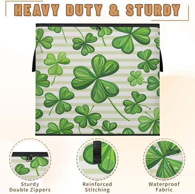 XL Large Clothes Storage with Lid Handle St.patrick's Day Large Thick Clothes Blanket Storage Containers for Organizing Bedroom Closet Comforter Clover Branches Green Leaves