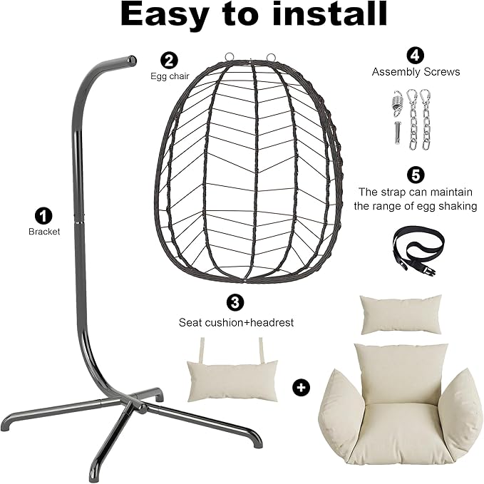 LEX CRAFT Hanging Egg Chair with Stand Swinging Egg Chair Outdoor Indoor Hanging Basket Chair with Cushion Patio Wicker Hammock Chair 350lbs Capacity for Porch Balcony Backyard Garden (Beige1)