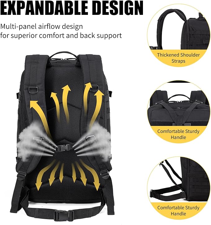 Tactical Backpack for Men 50L/60L/70L Expandable Military tactical Backpack Waterproof MOLLE Hiking &amp Camping Rucksack with Water Bottle Bag Assault Pack &amp Bug Out Bag for Outdoor