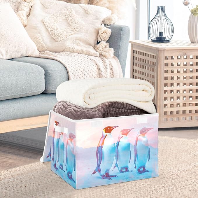Storage Cube with Lid Surreal Penguin Print 16.5×12.6×11.8 IN Collapsible Large Capacity Foldable Storage Basket Bin Organizer