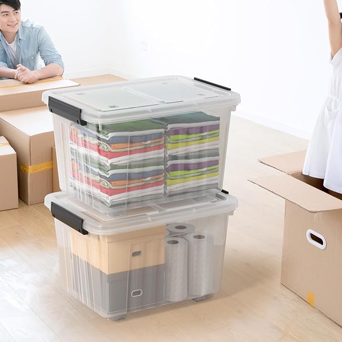 50 Quarts Plastic Storage Boxes Large Clear Bins with Lids and Wheels Set of 4
