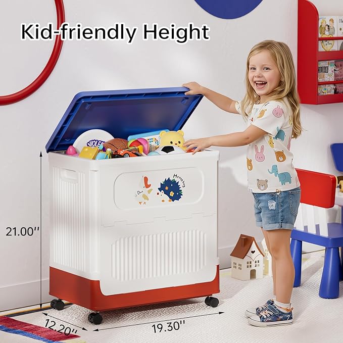 HAIXIN Storage Bin with Lid - 60 QT Plastic Storage Box with Wheels 14.8 Gal Flip-top Organizer for Clothes Large Toy Chest with Animal Stickers for Kids White Bin with Blue Lid and Red Base
