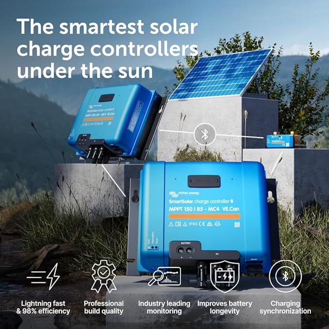 Victron Energy SmartSolar MPPT MC4 Compatible VE. Can Solar Charge Controller (Bluetooth) - Charge Controllers for Solar Panels - 150V 85 amp 12/24/36/48-Volt