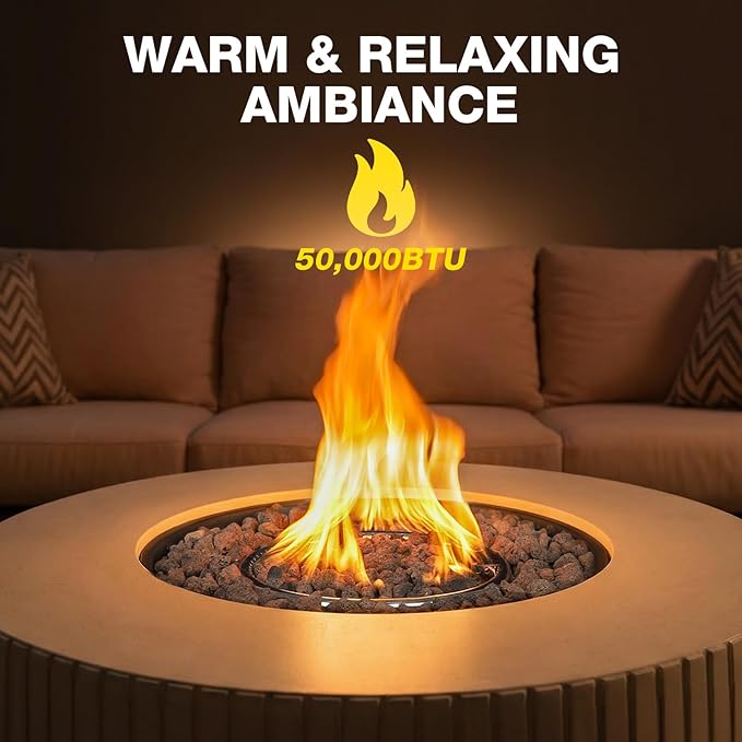 36inch Outdoor Propane Fire Pit Table Set - 3-Piece Round Concrete Natural Gas Firepit with Tank Cover Wind Guard Rain Cover 50000 BTU Modren Fire Table for Outside Patio Backyard - Beige