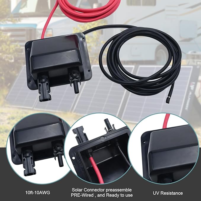 VIKKSAER Solar Cable Entry Gland Box 10FT 10AWG Soft Solar Extension Cable and Connector UV Resistance Dual Cable Entry Gland Housing on RVs Caravans Boats Campers (Black(10FT))