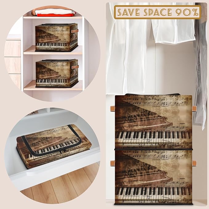Retro Piano Storage Box with Lid Music Notes Collapsible Storage Bins Baskets Cubes Closet Shelf Clothes Organizer Containers with PU Leather Handles