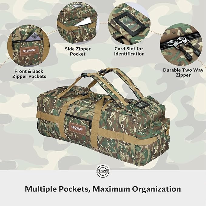 STOVER 45/80/100L Rolling Duffel Bag with Wheels X-Large Durable Travel Duffle + Toiletry Bag Heavy Duty Packable with Shoulder Straps- Use as Luggage or Backpack (Camouflage)