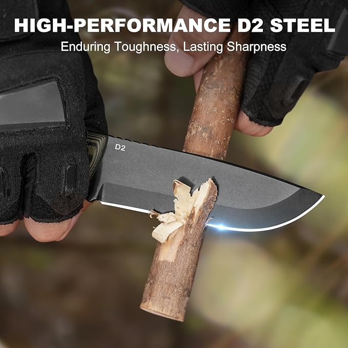 Fixed Blade Survival Knife with Fire Starter Whistle &amp Compass Full Tang D2 Steel Blade Horizontal Carry Sheath for Outdoor Sports
