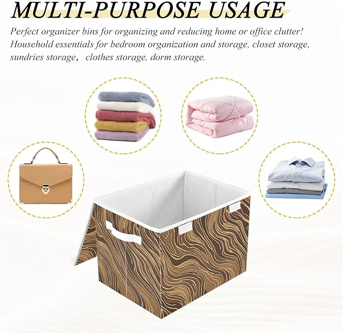 Dark Brown Stripe Lidded Storage Bins with Handles - 16.5x12.6x11.8 Foldable Organizing Box Oxford Fabric &amp Honeycomb Board Dust-Proof Flip Lid for Closet/Office