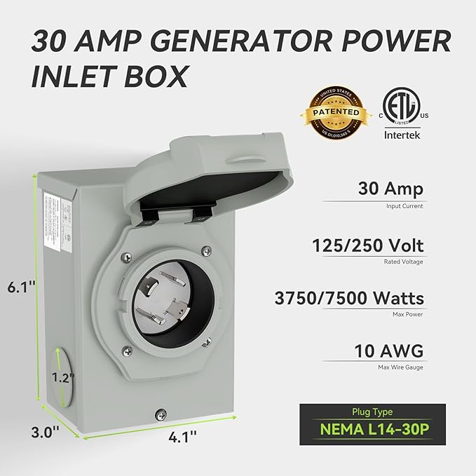Pre-Drilling 30 Amp Generator Inlet Box RVMATE NEMA L14-30P Power Inlet Box for 4 Prong Generator Cord 125/250V3750/7500W 30a Power Inlet Box ETL Listed Waterproof for Outdoor Use