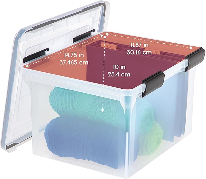 IRIS USA File Box WeatherPro File Organizer Plastic File Box for Letter/Legal File Water Resistant Document Box Durable Lid Seal w/Secure Latching Buckles Stackable Nestable Clear 32 Qt. 4Pack