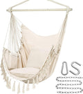 Y- STOP Hammock Chair Hanging Rope Swing Max 500 Lbs 2 Cushions Included Large Macrame Hanging Chair with Pocket for Superior Comfort with Hardware Kit (Beige)