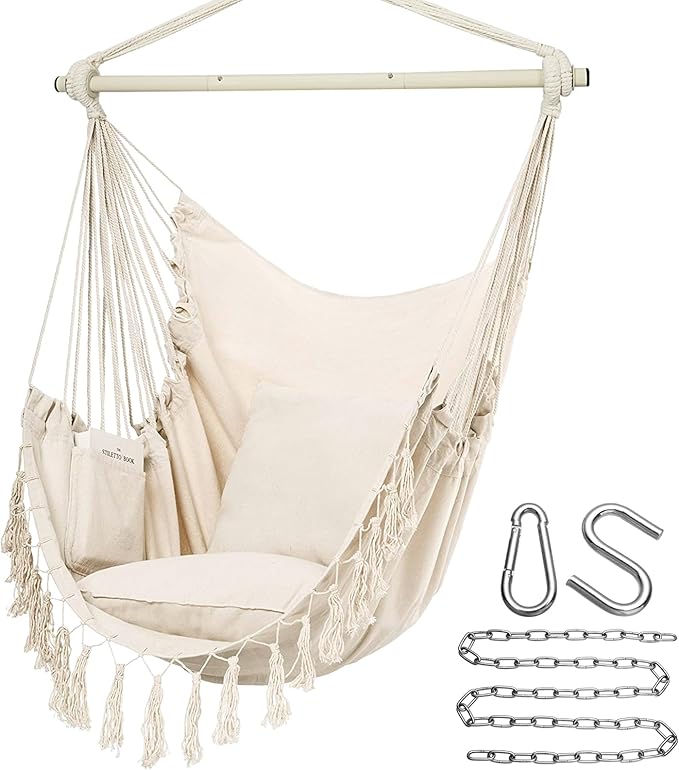 Y- STOP Hammock Chair Hanging Rope Swing Max 500 Lbs 2 Cushions Included Large Macrame Hanging Chair with Pocket for Superior Comfort with Hardware Kit (Beige)