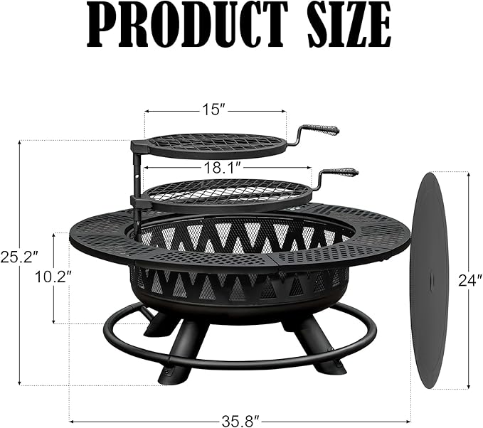 36 Inch Fire Pit with 2 Grills Large Outdoor Firepits for Outside Wood Burning Fireplace for CampingPicnicBonfire 3-in-1 Round Metal Table with Lid for BackyardPatioParty