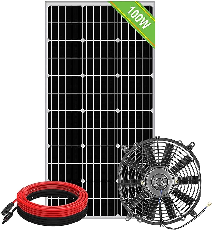 ECO-WORTHY Solar Powered Fan+100W Solar Panel with Pair of 16ft Solar Cable for Chicken Coops Attic Greenhouse - DELIVERY in 2 PARCELS