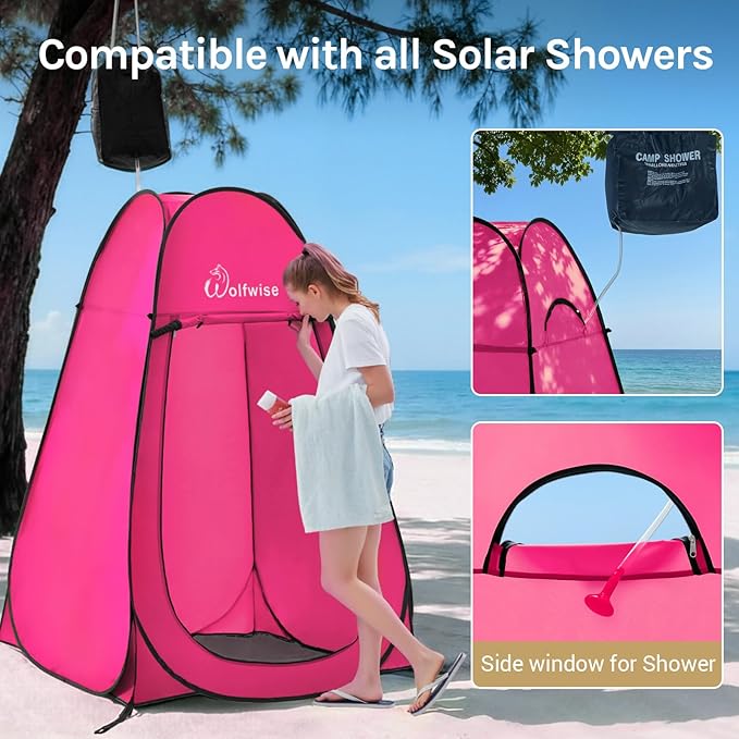 Wolfwise Pop Up Shower Tent for Camping Portable Instant Changing Tent with Ventilation Window &amp Carry Bag Privacy Bathroom Toilet for Beach &amp Outdoor Width 47  Height 75  Rose Red