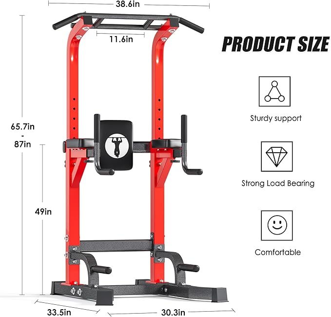 soges Pull Up Bar Dip Station Power Tower with A Backrest Adjustable Height Pull Up Bar Stand Multi-Function Home Gym Strength TrainingRed