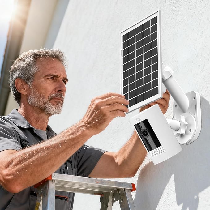 Solar Panel and 2-in-1 Wall Mount for Ring Cam 6W Solar Charger Compatible with R-ing Spotlight Pro/Plus &amp Stick Up Cam Battery Models Weatherproof Cable with USB-C and Ring Barrel Plug