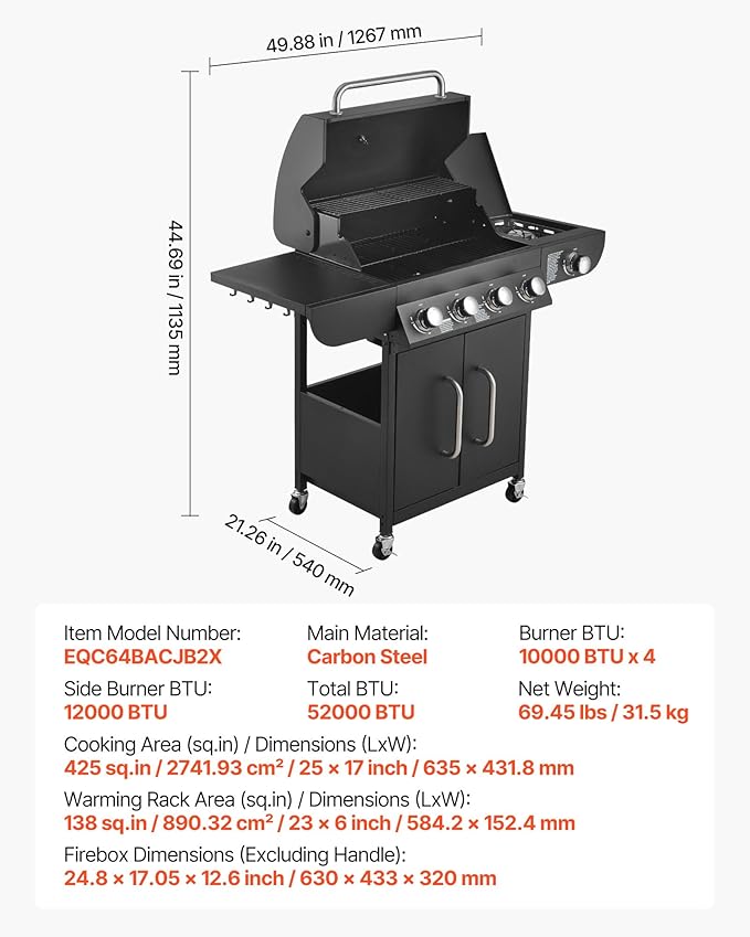 VEVOR Gas Grill 4 Burner Propane Gas Grill with Side Burner 425 SQ.In Grilling Area Carbon Steel Enamel Grates Outdoor 52000 BTU Patio Garden BBQ Grills with Two Side Shelves Carbon Steel