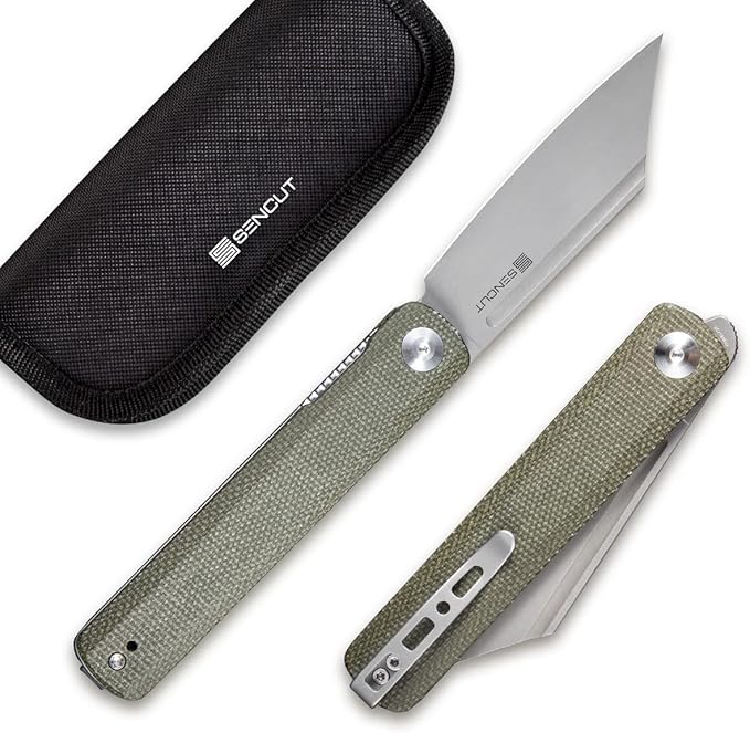 SENCUT Bronte Folding Pocket Knife with Front Flipper Opener 3.38 Inch Blade Green Micarta Handle SA08B