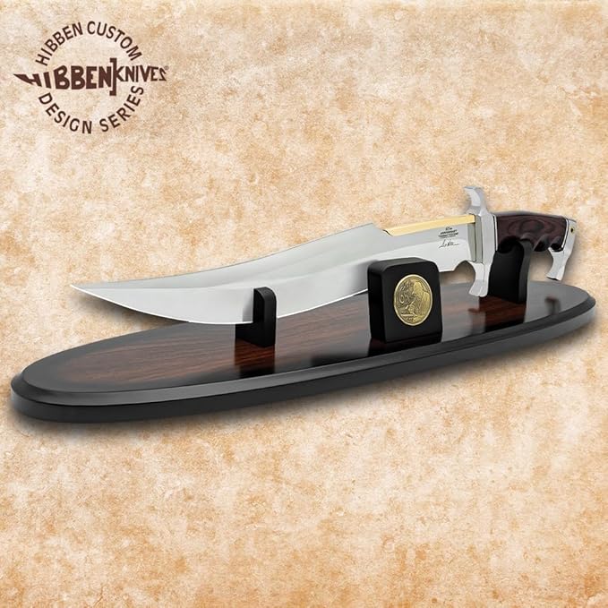 Hibben 65th Anniversary Spartan Bowie Knife| Includes Wooden Stand | 15 1/8 5Cr15 Blade | Dark Pakkawood Handle | Commemorative Display