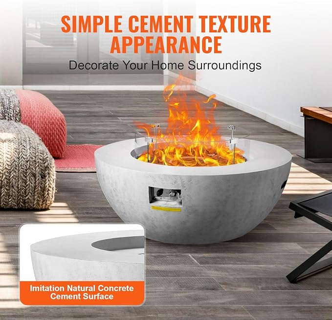 VEVOR Propane Fire Pit Outdoor Concrete Gas Fire Pit 39 in Tabletop with Lava Rocks LidRain CoverAdjust Flame Height Camping Firepit for Heating Lighting 50000 BTU