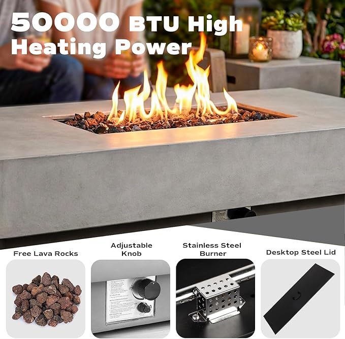 60-inch Outdoor Propane Fire Pit Coffee Table with Tank Cover 50000 BTU Concrete Rectangle Modern Outside Fire Table Auto-Ignition Included Lava Rocks Metal Lid &amp Waterproof Cover
