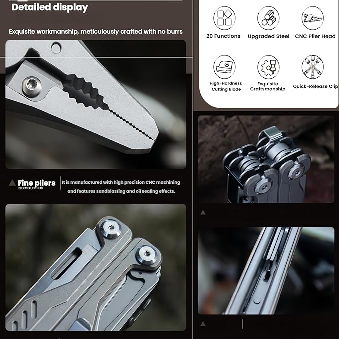 Multitool 20-in-1 Full-Size Multi-Purpose Pliers Lightweight EDC Nylon Bag With Safety Locking Camping Knives &amp Tools Mens Gifts Ideas Gifts for Hunters Men who have Everything (Silver)
