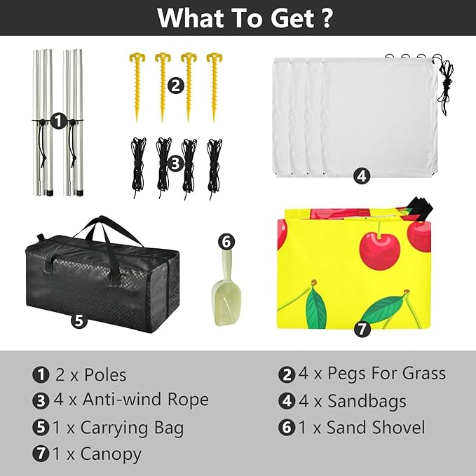 Beach Canopy with Windproof Ropes &amp Sandbags Beach Tent Sun Shade Sun Shelter for Camping Trips Fishing Backyard Fun or Picnics Red Cherries