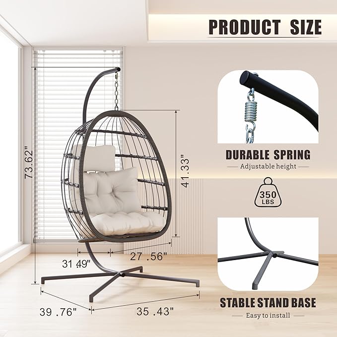 HWB Hanging Egg Chair with Stand Swing Hammock Chair with Cushion for Indoor Outdoor Patio Wicker Egg Swing Chair for Balcony Furniture White